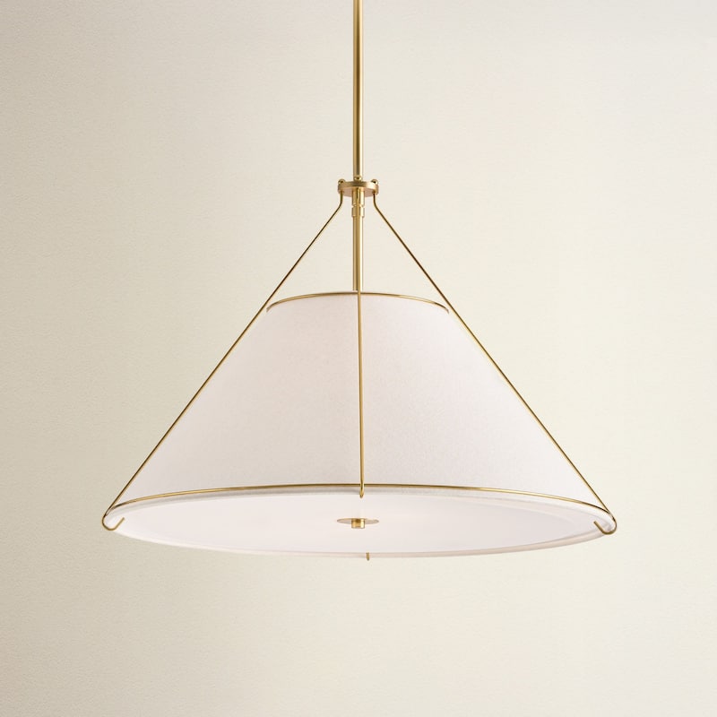 Lumina Modern Pendant Light - Metal, Fabric & Gold, Ivory White Cone Light Fixture For Modern, Coastal, Minimalist Room Decor