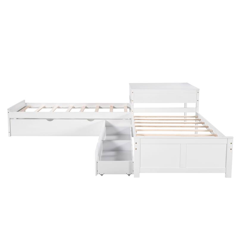 Twin Size Platform Bed with Built-in Desk and Drawers Linked, L-Shaped Trundle, Wooden Support Bed Frame No Box Spring Needed