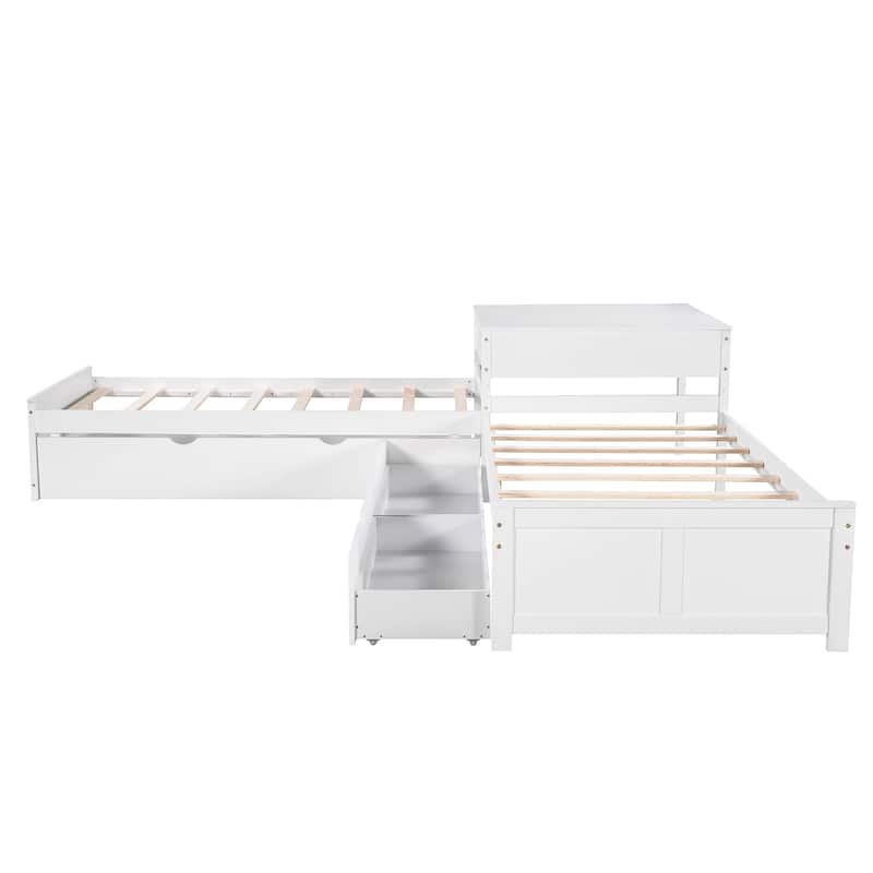 White Twin L-shaped Platform Bed with Trundle & Drawers
