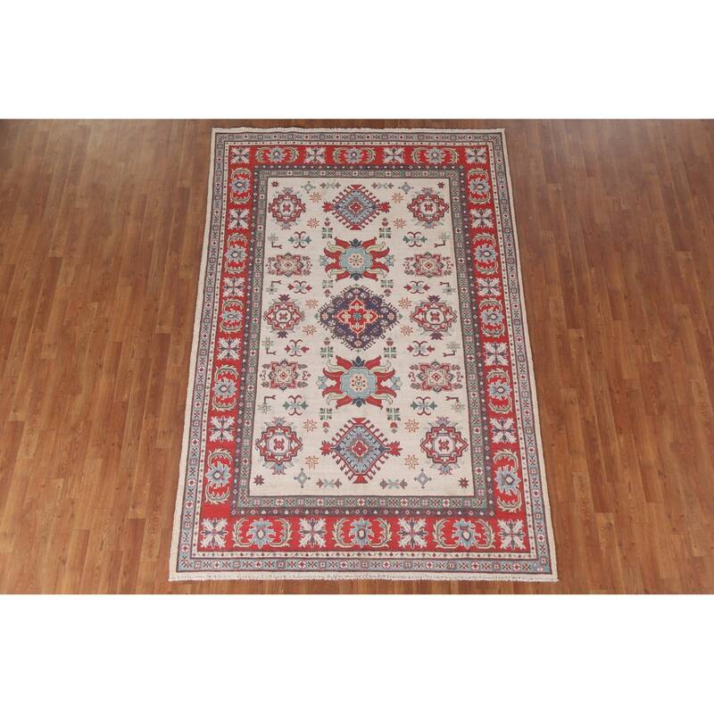 Hand Knotted Oriental 100% Wool Carpet Traditional Geometric Beige & Ivories Kazak Area Rug - 8' 11'' X 5' 11''
