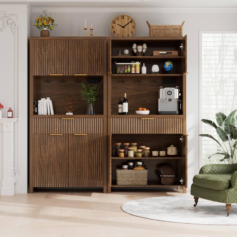 71"Pantry Storage Cabinet with Drawer, Charging Station and Open Countertop for Dining Living Room