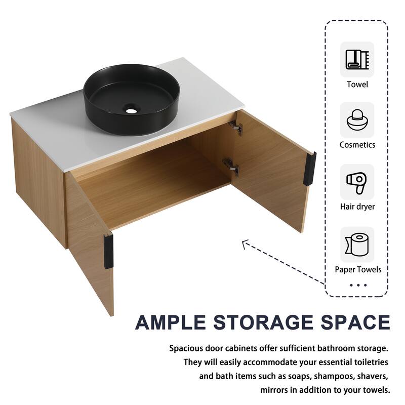 36" Wall-Mounted Bathroom Vanity With Ceramic Art Sink, and Storage Shelves, Soft-Close Door, KD-Packing, Plywood