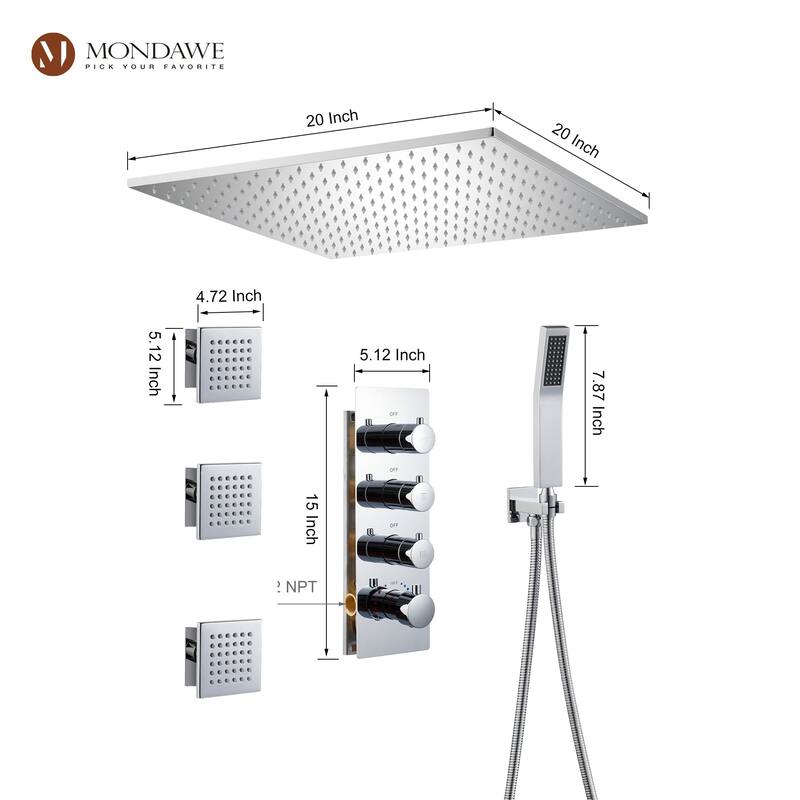 20 Inch 3 Functions Flush Ceiling Mounted Thermostatic Shower System