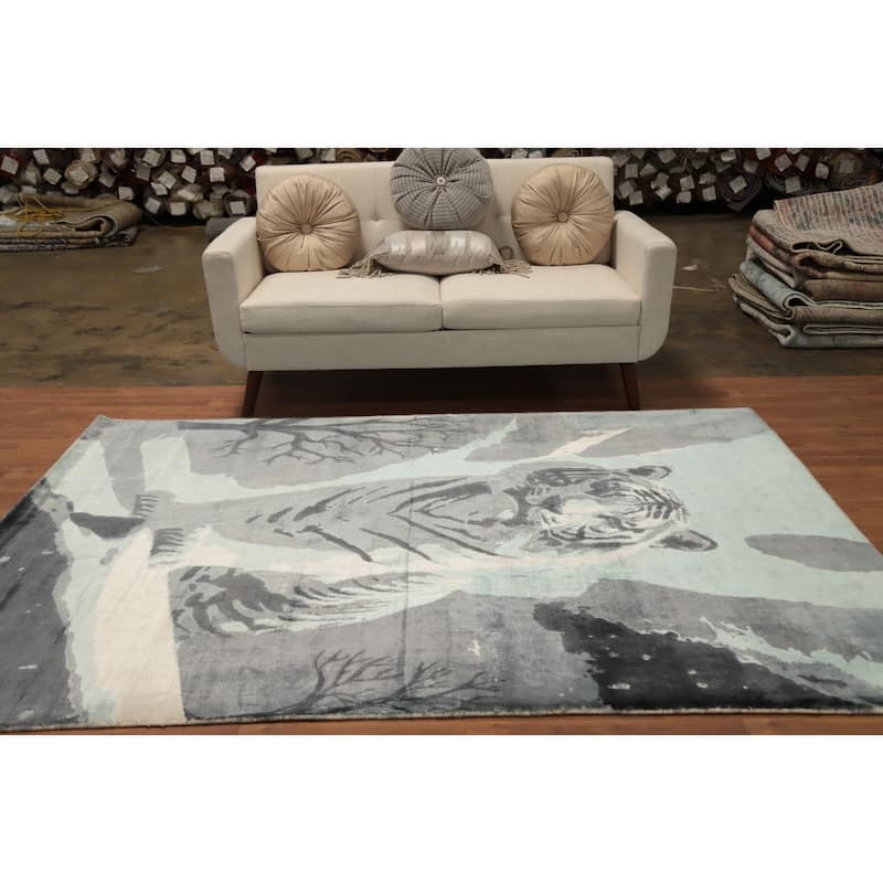 Hand Knotted Oriental Viscose Silk Carpet Modern Pictorial Navy Blue & Blues Abstract Area Rug - 7' 10'' X 5' 9''