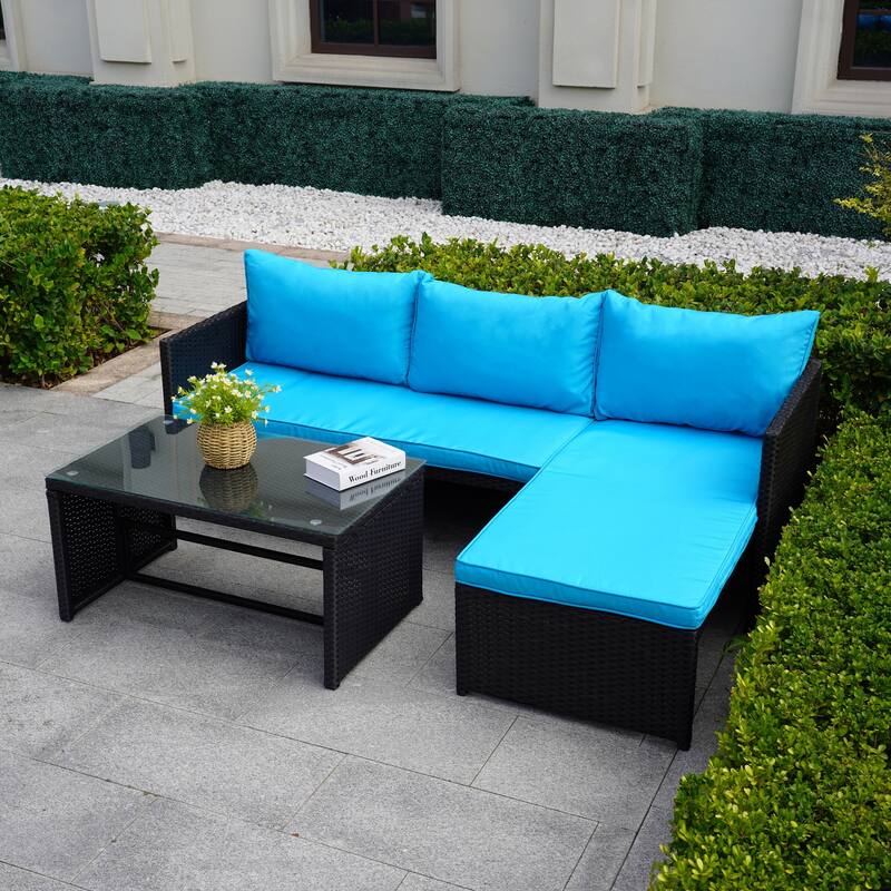 3 Pieces Patio Conversation Set, All Weather Outdoor PE Rattan Wicker Furniture Set with Cushions, Tempered Glass Coffee Table