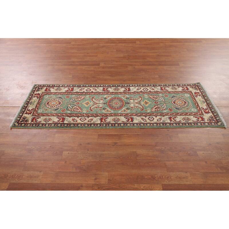 Light Green Kazak Runner Rug Handmade Oriental Wool Carpet - 2'1" x 5'11"