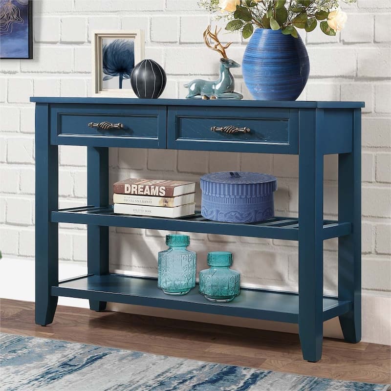 Mid-Century Style Console Sofa Table Solid Wood Buffet Sideboard with 2 Storage Drawers and 2 Tiers Shelves