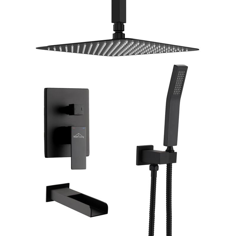 Proox 12" Pressure Balancing Shower Rain Valve with Tub Faucet Spout Set Handheld - Matte Black