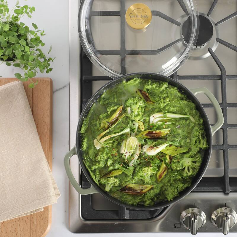 Sur La Table Enamel-Coated Cast Iron Dutch Oven Pot with Oven Safe Glass Lid, Oven-to-Table Cookware for Stews & Braising