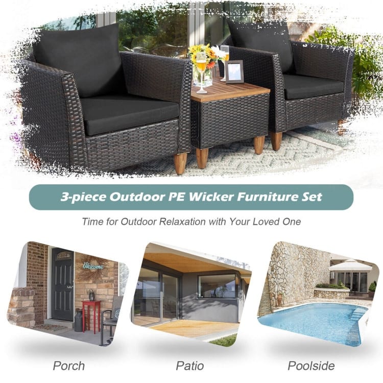 3 Pieces Patio Rattan Bistro Furniture Set with Wooden Table Top