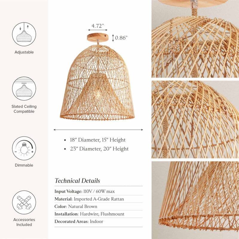 Santa Barbara Rattan Flush Mount - Rattan Natural Handwoven Ceiling Light for Living Room or Hallway in Modern, Farmhouse Style