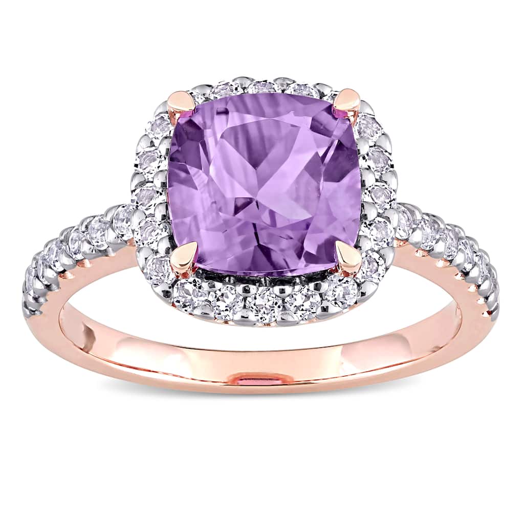 Miadora Cushion-cut Amethyst and White Topaz Halo Cocktail Ring 10k Rose Gold