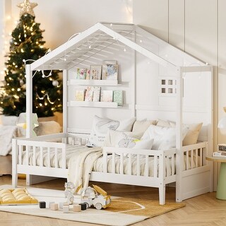 Twin Size House Bed with Shelves,Window and Sparkling Light Strip