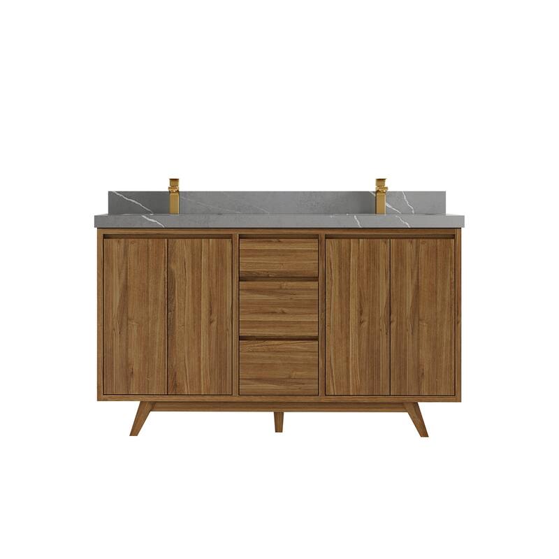 Willow Collections 60 in. W x 22 in. D Madison Teak Double Sink Bathroom Vanity with Countertop - 2" Piatra Gray - Golden Teak