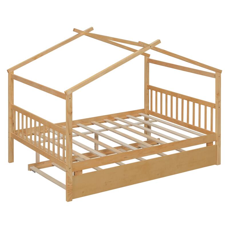 Full Size Wooden House Bed with Twin Trundle, Natural Finish, Pinewood Construction
