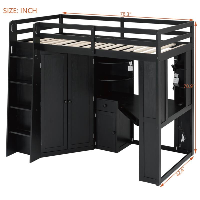 Twin Loft Bed with Integrated Wardrobe Desk Keyboard Tray Charging Station