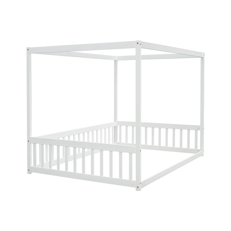 Canopy Frame Floor Bed with Fence, Guardrails
