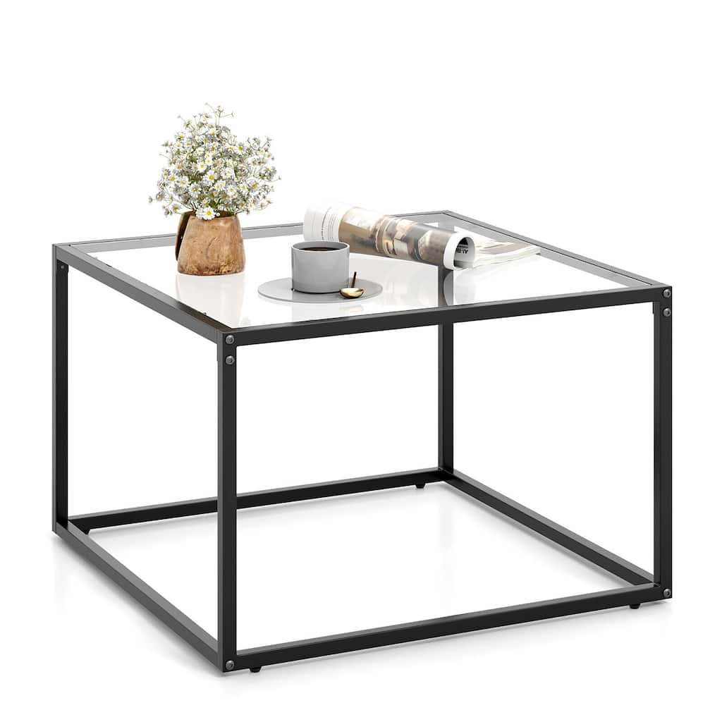 Gymax Glass Coffee Table 27.5 Inch Modern Square Metal Frame Living
