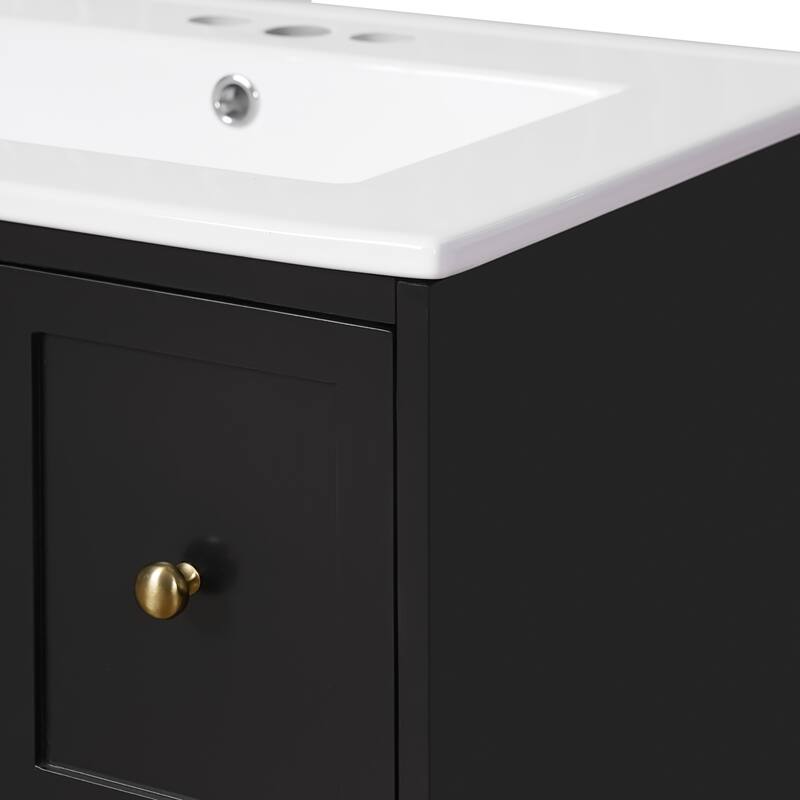 24" Wall-Mounted Bathroom Vanity with Ceramic Sink Combo, Floating Bathroom Storage Cabinet with Glass Doors & 2 Drawers