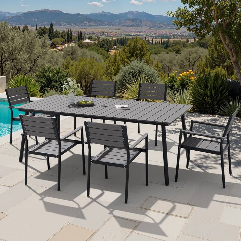 7-Piece Outdoor Patio Dining Set Wood-Like Table Top Alumium Umbrella Hole Table with Stackable Armrest Dining Chairs - Grey