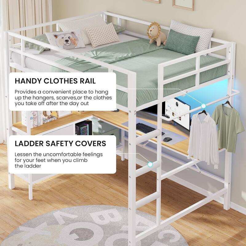 Loft Bed with L-Shaped Desk Charging Station Metal LED Lights 3 Fabric Drawers