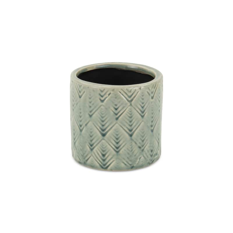 HomeRoots Green Ceramic 16 Ounce Geometric Round Distressed Pot Planter - 4.50 in. x 4.25 in. x 4.50 in.