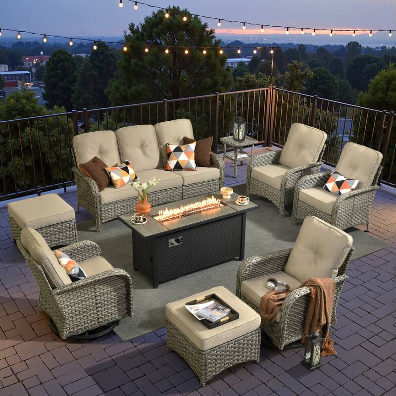 XIZZI 9-Piece Outdoor Patio Furniture Wicker Swivel Chairs Set - Beige