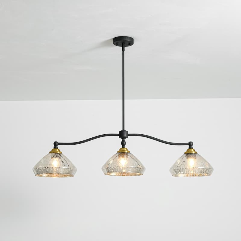 3-Light 39"Industrial Black Linear Island Lights for Kitchen with Antique Brass Color Dome Glass Shade - Black/Gold - 39.37 in. W x 11.42 in. H x 9.84 in. D