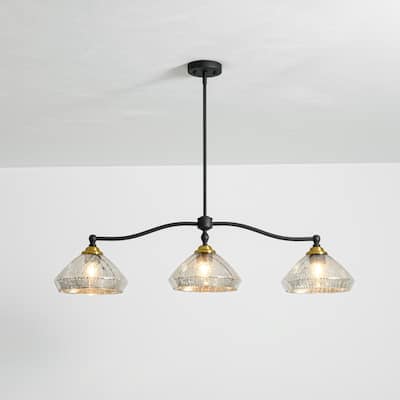 3-Light 39"Industrial Black Linear Island Lights for Kitchen with Antique Brass Color Dome Glass Shade