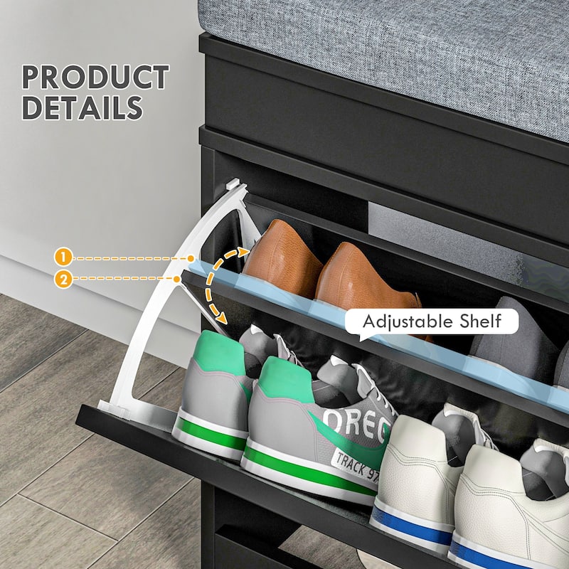 Modern Shoe Rack Bench with Two Large Drawers and Comfortable Padded Seat for Hallway Storage - 41" L x 9.5" W x 21.75" H