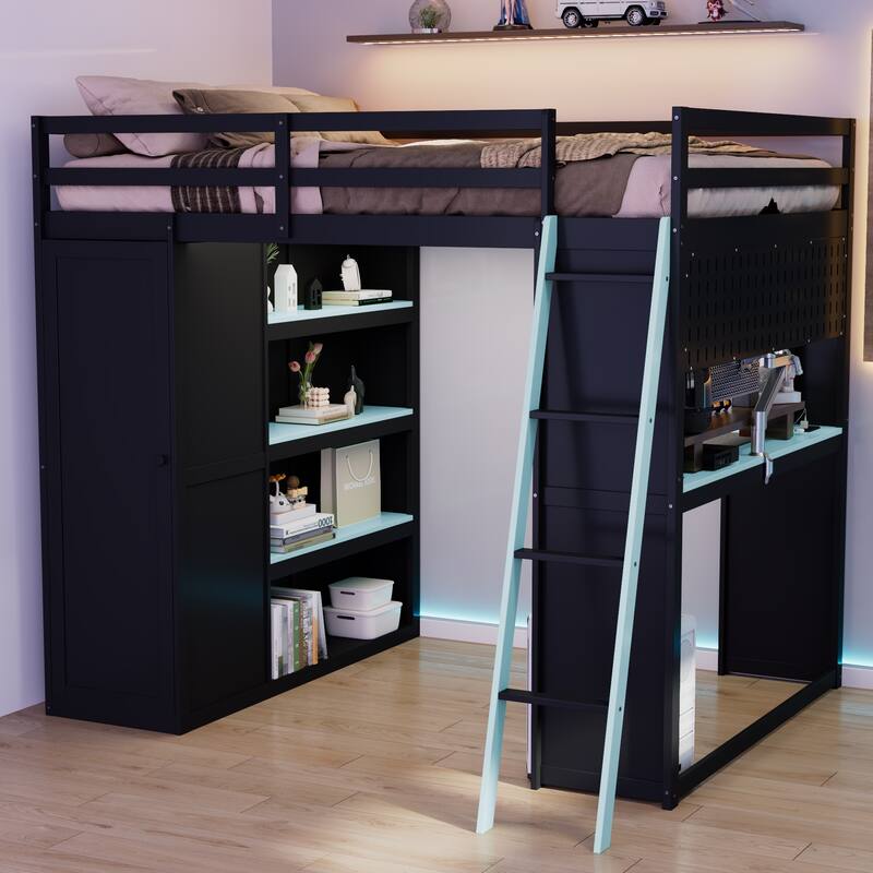 All-in-One Loft Bed Full Size Bedframe with Wardrobe, Shelves, Blackout Curtains, Pegboard, Charging Station and RGB Light Strip