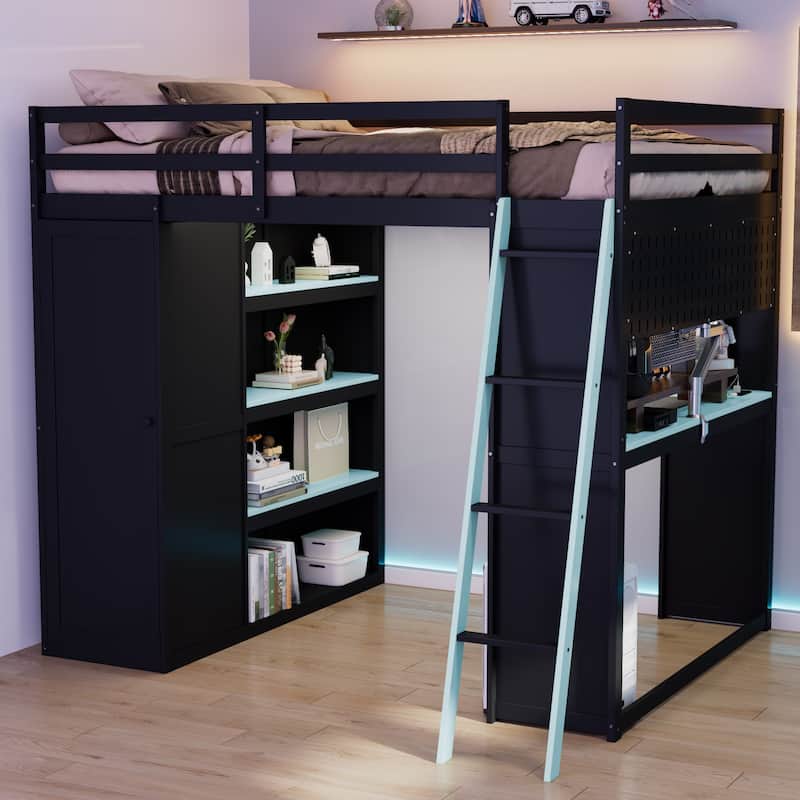 Full Size Wood Loft Bed with Wardrobe, Shelves, Blackout Curtains and RGB Lighting