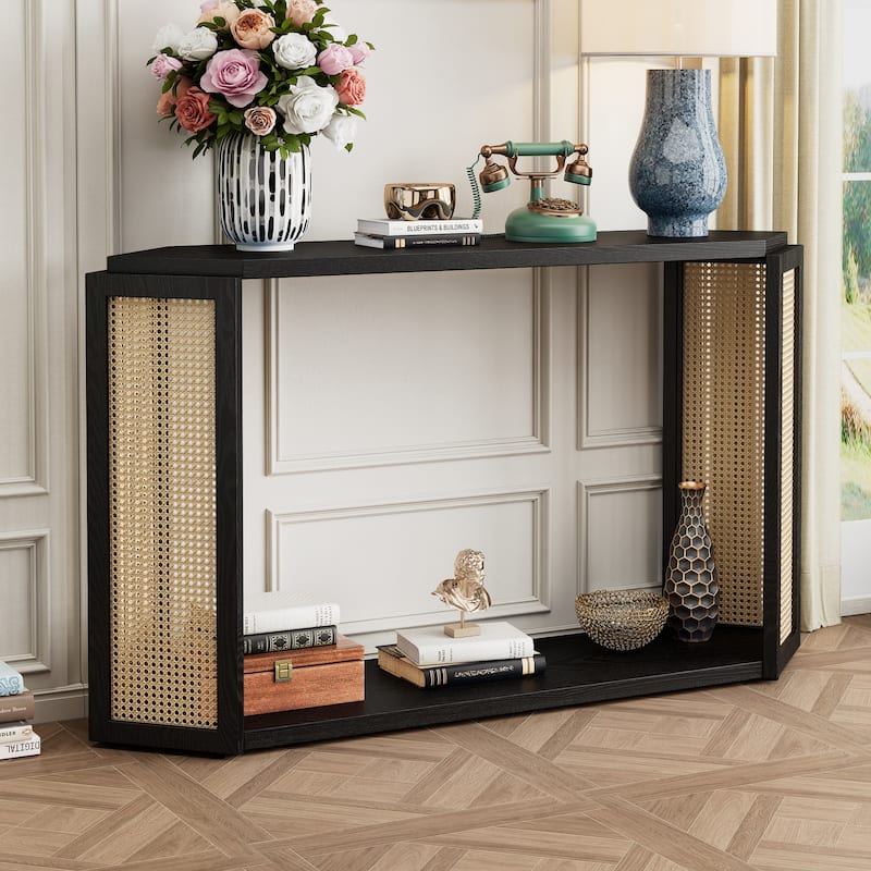 Narrow Console Table with Hexagon Top Design and Rattan Accent, 53.54" Solid Wood Entryway Sofa Table with Open Bottom Shelf