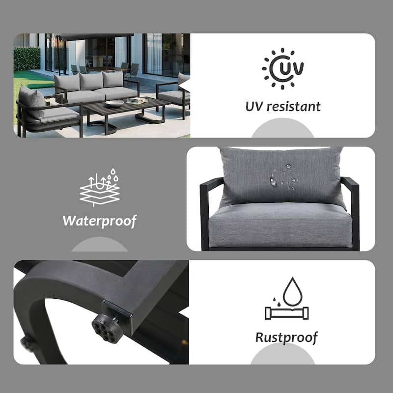 Roomfitters 4-Piece Outdoor Steel Sofa Set with Coffee Table, 3-Seater Couch and 2 Armchairs for Patio Garden