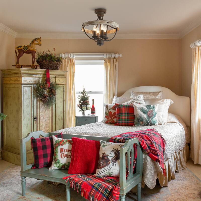 4-Light Rusted Brown Wood Semi-Flush Mount Ceiling Light