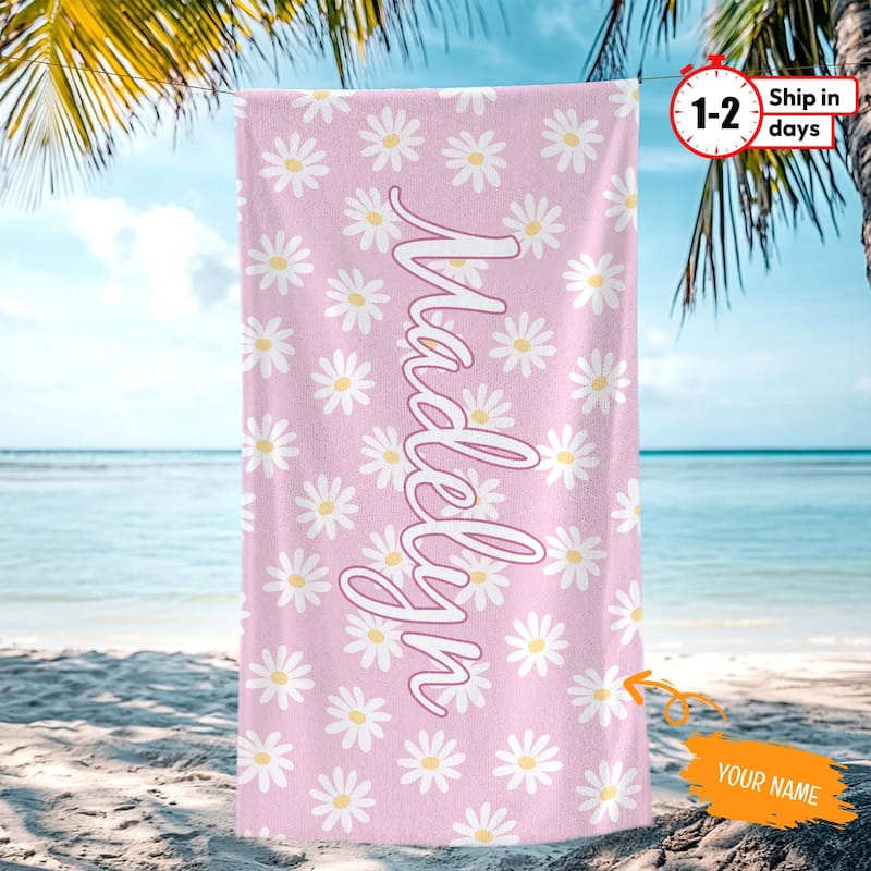 Personalized Beach Towel, Custom Daisy Beach Towel with Name - Pink - 35"x70"