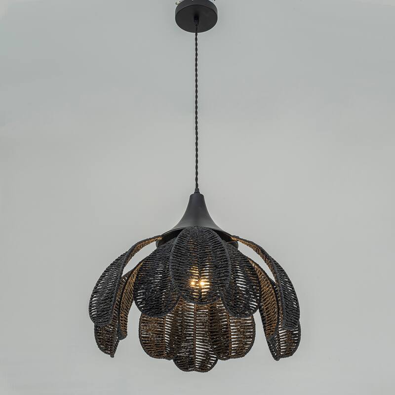 Kamala 1-Light Rattan Hemp Floral Pendant, Modern Coastal Boho - Handwoven