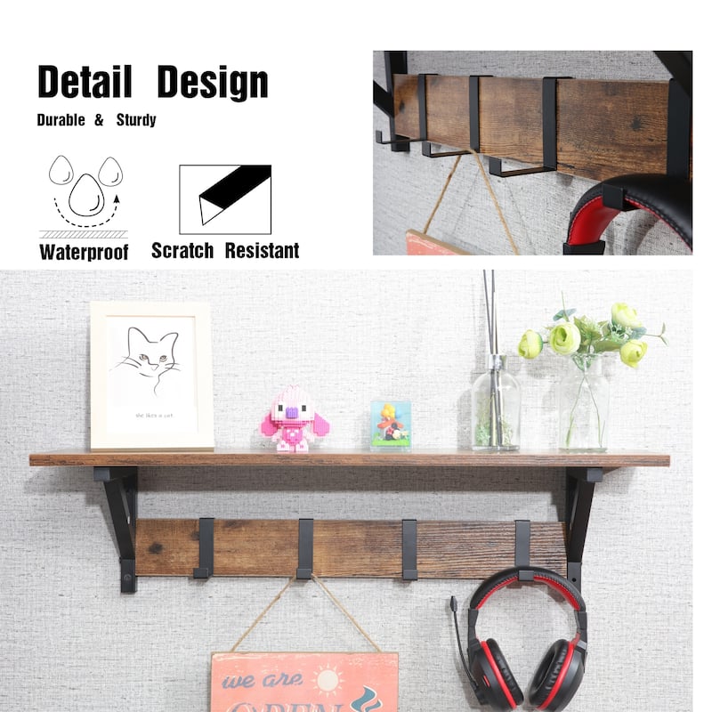 Wall Mounted Floating Coat Rack with Hooks Space Saving Entryway, Hallway, Bathroom Storage Organizer for Keys, Hats & Jackets