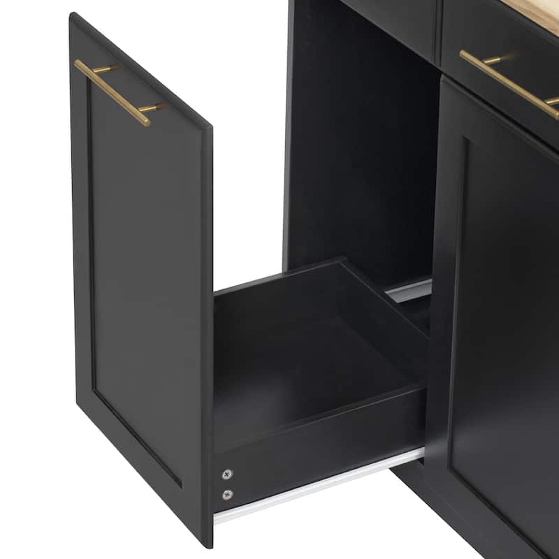 Rolling Kitchen Island Cart with 2 Pull Out Cabinet Organizers, Drop Leaf, Trash Can Storage, Power Outlet, Spice, Towel Rack