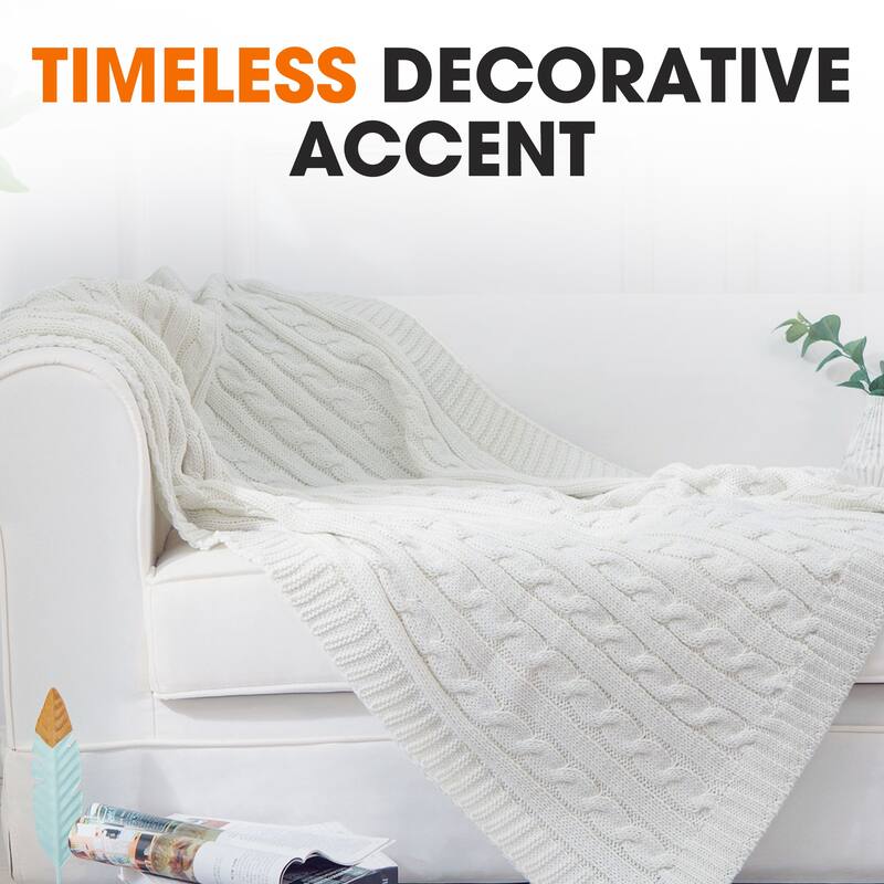 Cheer Collection Knitted Acrylic Ivory Throw Blanket