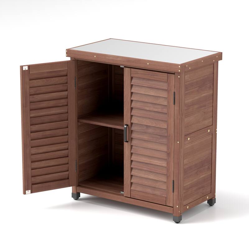 GDF Studio - Outdoor Wooden Potting Bench with Metal Tabletop Workstation and Storage Cabinet