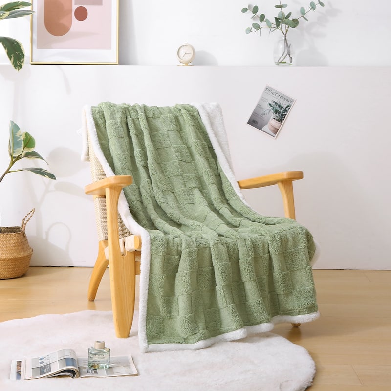 Jacquard Checkered Fluffy Flannel Fleece Blanket - Green - 71"x79"