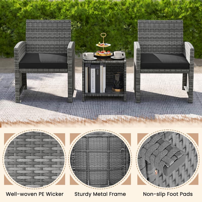 Gymax 3 Pieces Patio Furniture Set PE Rattan Chairs Set w/ Storage