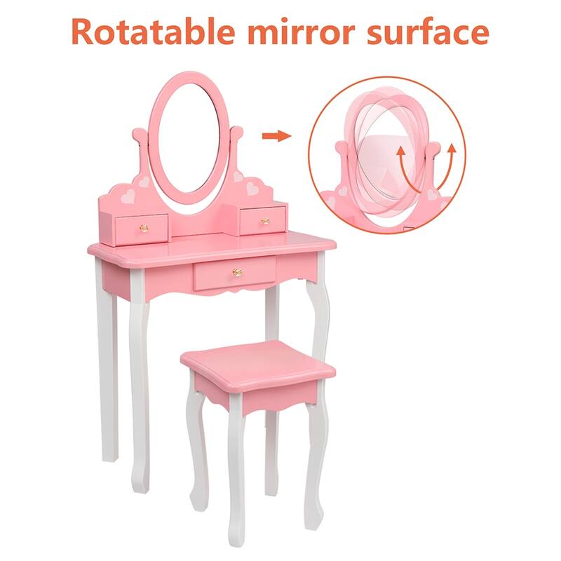 Kids Three Drawers Wooden Dressing Table Round Mirror with Stool