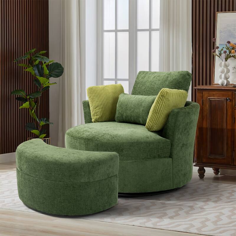 41" W Oversized Accent Barrel Swivel Chair with Moon Storage Ottoman