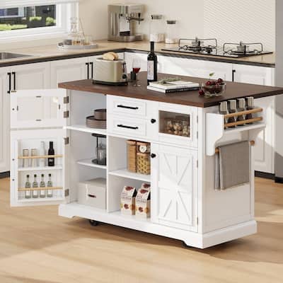 Kitchen Island with Drop Leaf, Power Outlet, 4 Door Shelves, Rolling Kitchen Island