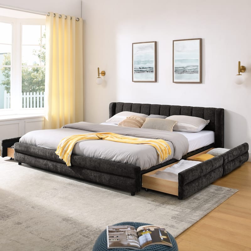 King Upholstered Bed Frame with Storage Drawer, Thick Padded Headboard & Solid Frame in Chenille Fabric