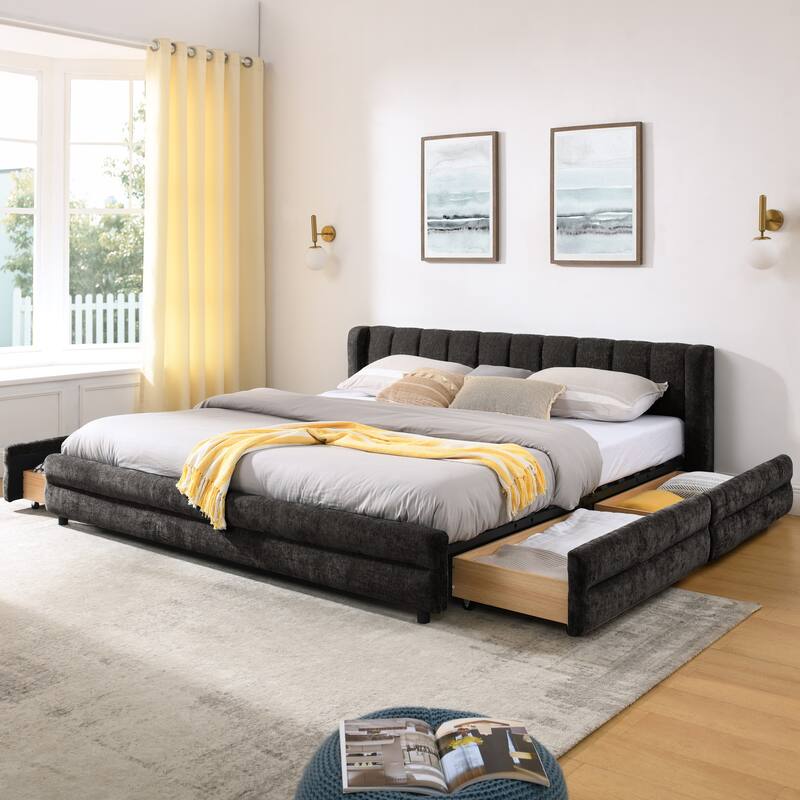 Roomfitters King Size Upholstered Bed Frame with 4 Storage Drawers and Channel Tufted Wingback Platform Bed Base