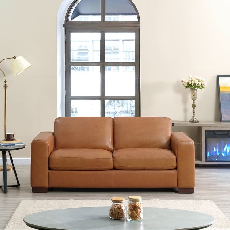 Luxury Cowhide Leather Loveseat with Firm Cushions, Spacious 2-Seat Design, and Bolster Pillows