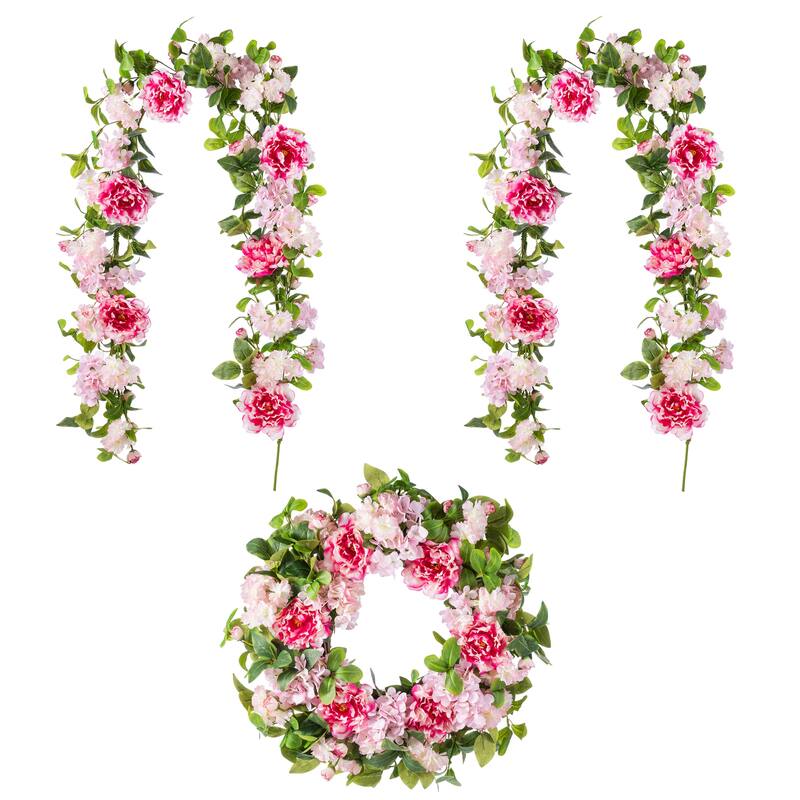 Glitzhome Pink Hydrangea, Peony & Cherry Wreath Garland - 2PKGarlands&1PKWreath
